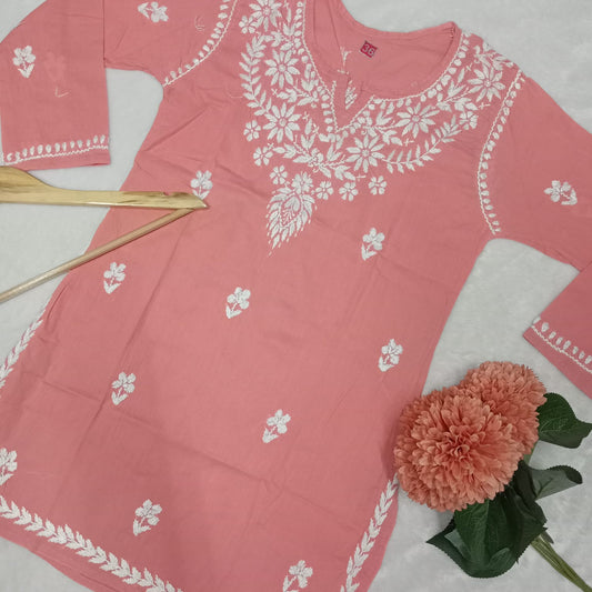 Cotton Chikankari Handwork Short Kurti - Peach Colour