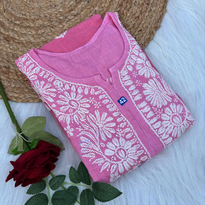 Isha Slub Cotton Chikankari Kurti - Peach color
