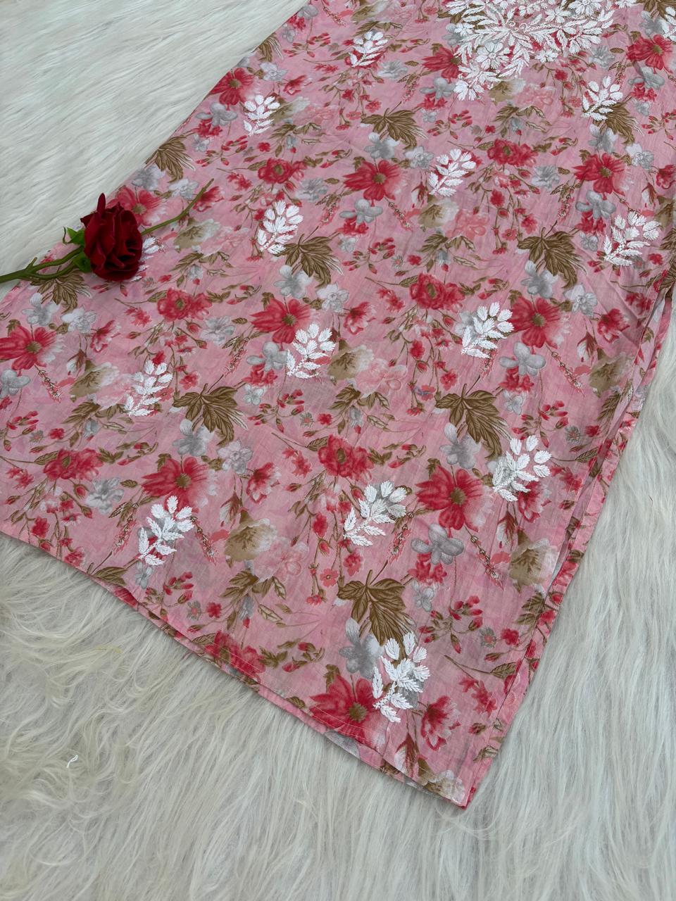 Alina Pure Mulmul Chikankari Handwork Kurti - Pink Colour