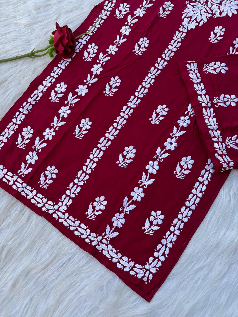 Samara Rayon Handwork Chikankari Kurti Plazo Set - Maroon Colour