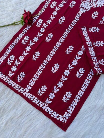 Samara Rayon Handwork Chikankari Kurti Plazo Set - Maroon Colour
