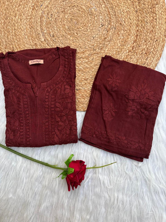 Azra Soft Rayon Dyeable Handwork Chikankari kurti Set - Brown Colour