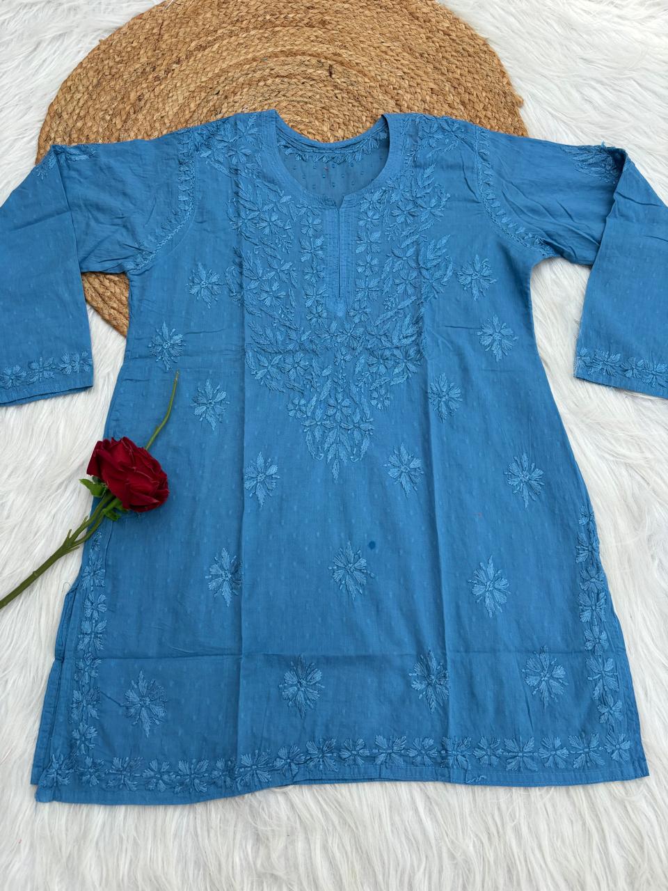 Ziva Soft Dobby Cotton Lucknowi Handwork Chikankari Short Kurti - Blue Colour
