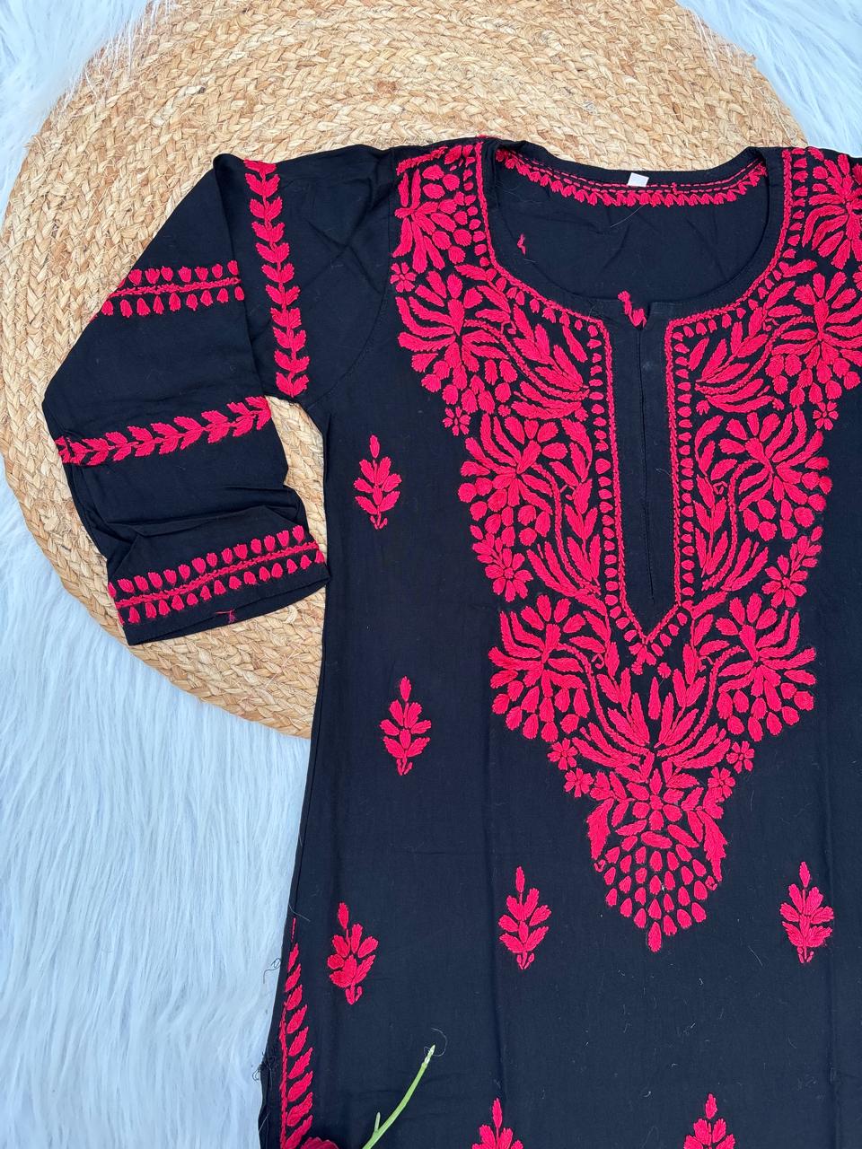 Shifa Soft Rayon Lucknowi Chikankari Kurti - Black Cherry Color