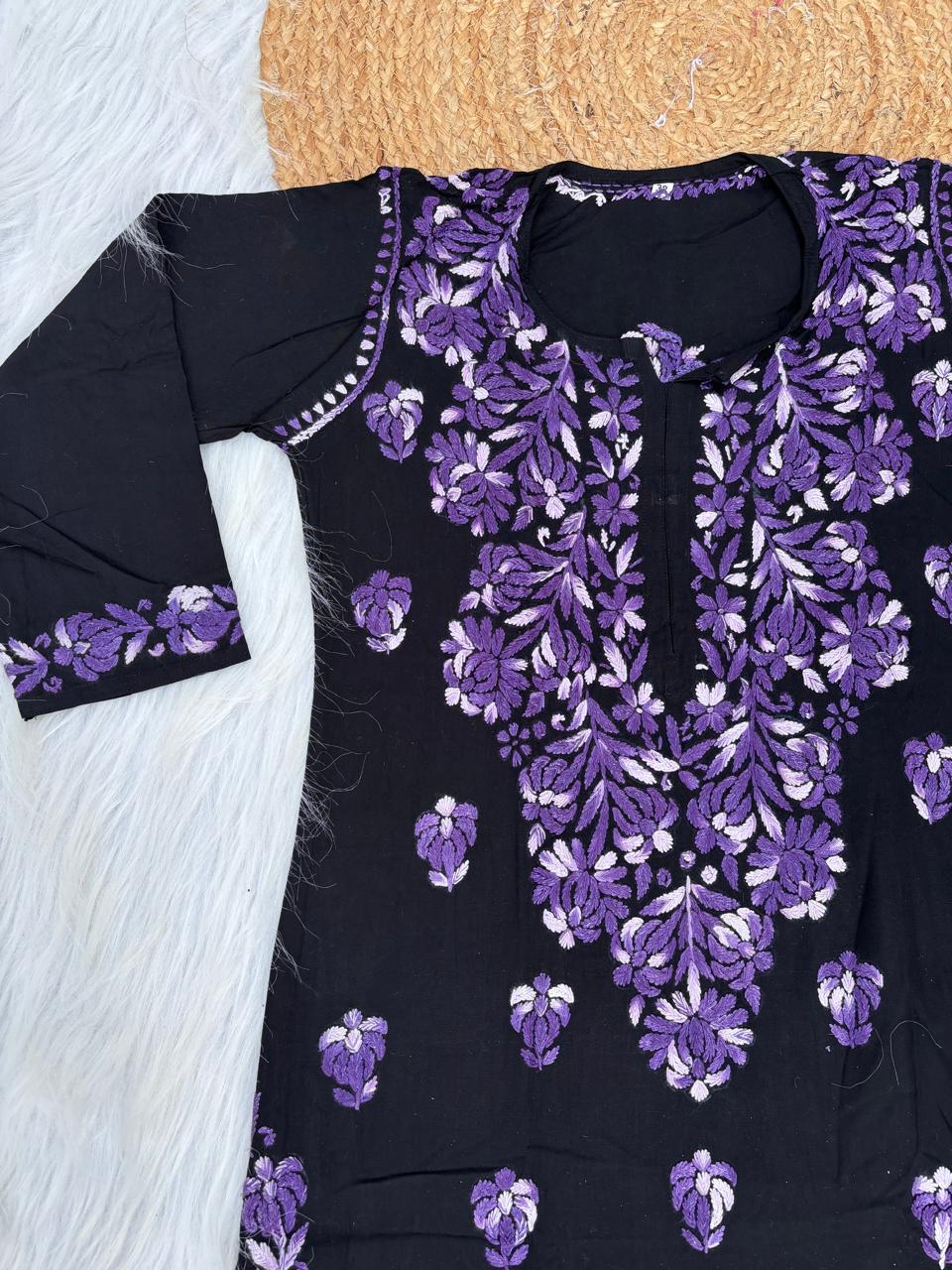 Rida Rayon Handwork Chikankari Kurti Set - Purple Colour