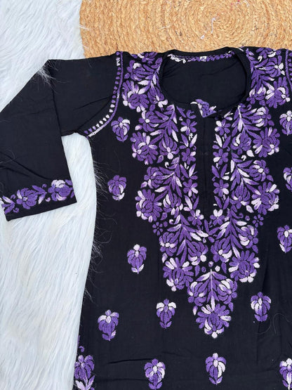 Rida Rayon Handwork Chikankari Kurti Set - Purple Colour