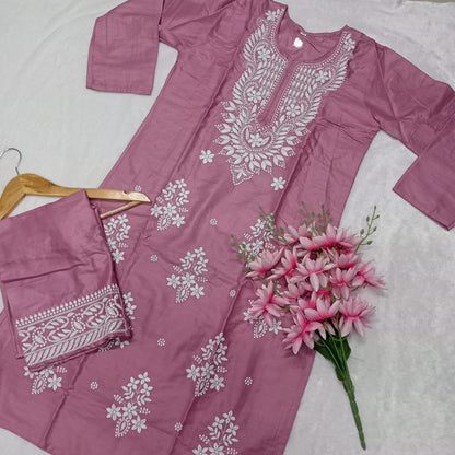 Rayon Chikankari Machine Work  Kurti Plazo Set- Fuschia Colour