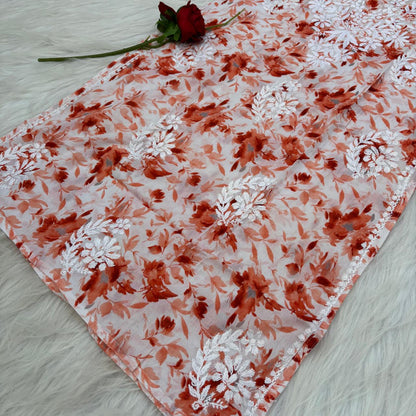 Amara Pure Mulmul Chikankari  Handwork Kurti -Orange Colour