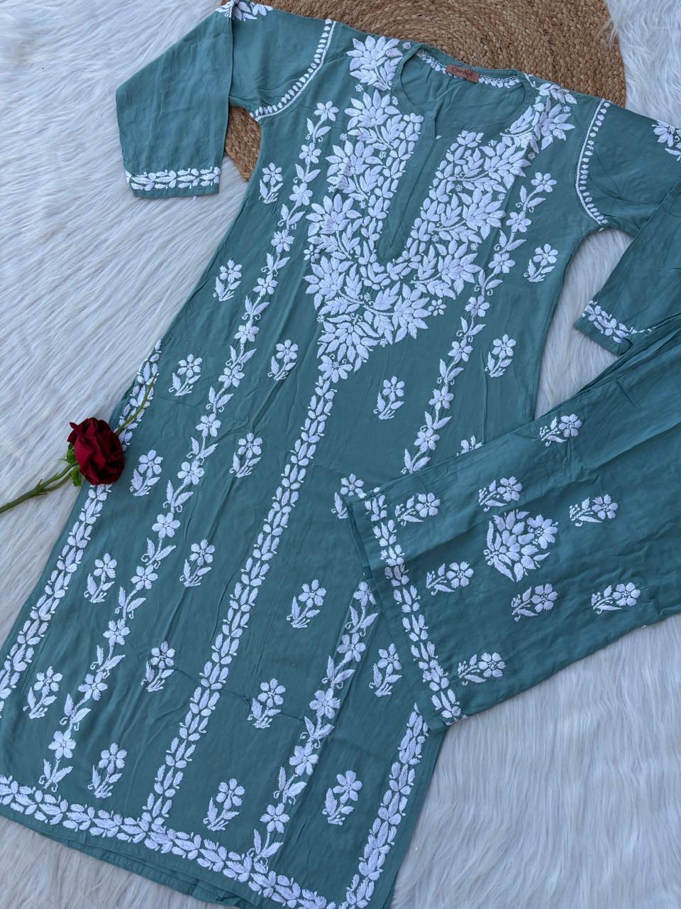 Samara Rayon Handwork Chikankari Kurti Plazo Set - Sea Green Colour