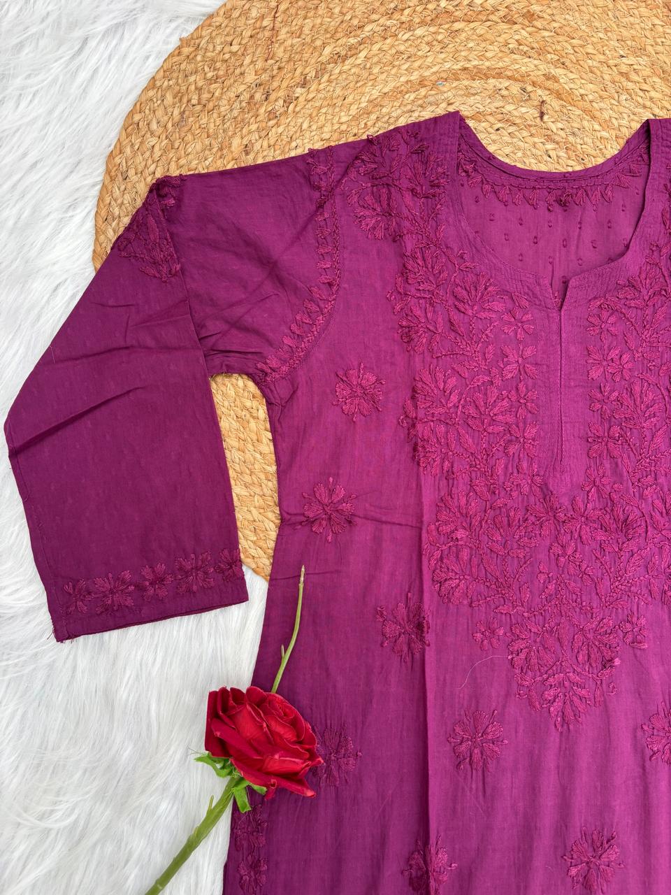 Ziva Soft Dobby Cotton Lucknowi Handwork Chikankari Short Kurti - Wine Colour