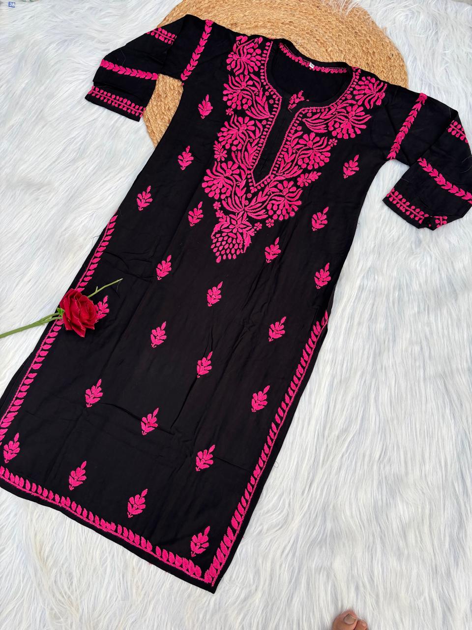 Shifa Soft Rayon Lucknowi Chikankari Kurti - Black Dark Pink Color
