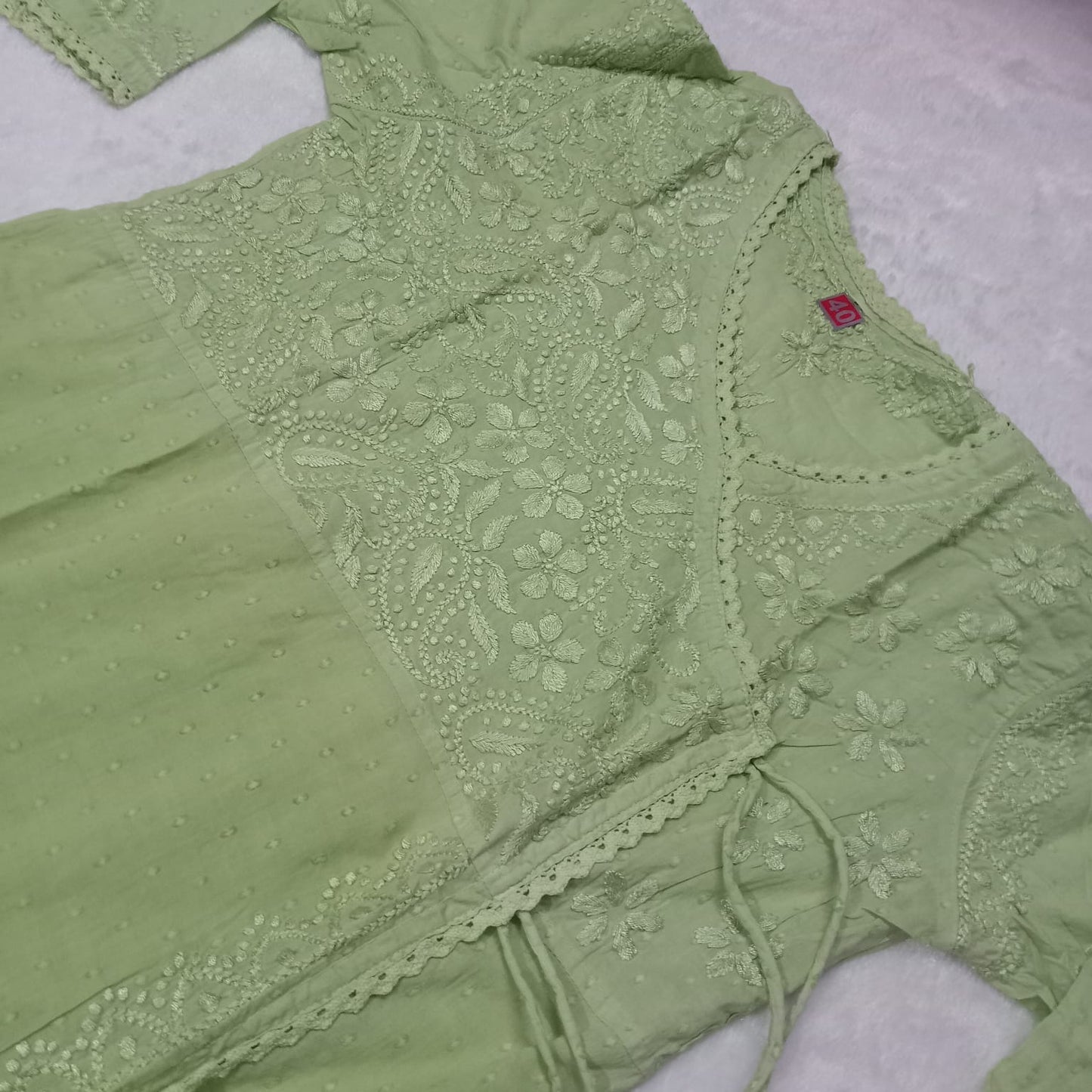 Ombre Shaded Dobby Cotton Chikankari Angarakha -Parrot Green Colour