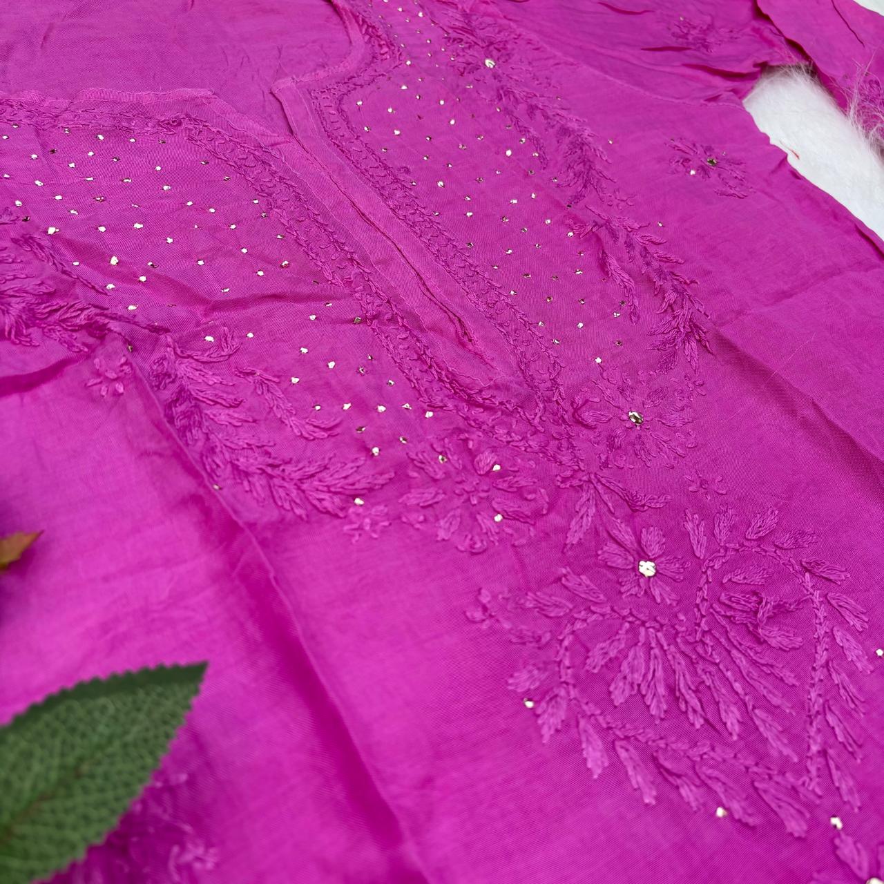 Rakul Preet Inspired Chikankari Muslin Kurti with Mukaish Work - Fuchsia Colour