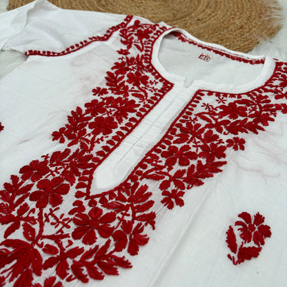 Shraddha Kapoor inspired Pure Cotton Chikankari Kurti - Red Colour - Chikankaar