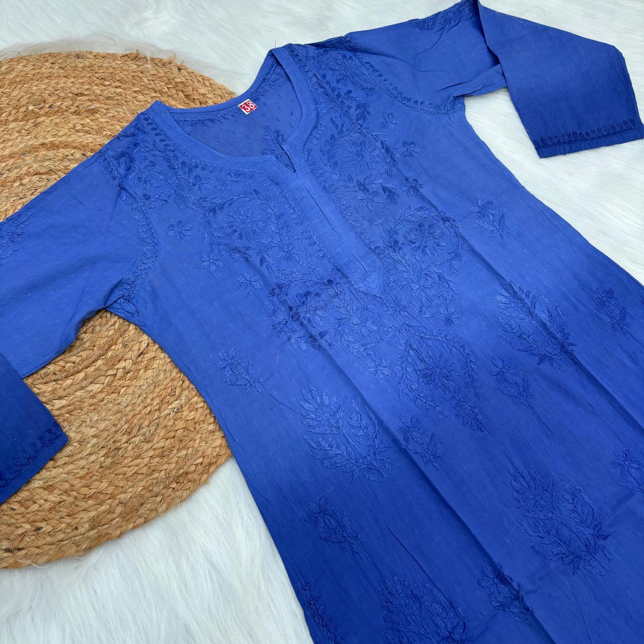 Tuba Ombre Shaded Dobby Cotton Chikankari Kurti - Royal Blue Colour