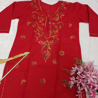 Pure Cotton Chikankari Multi Printed Embroidery Work Kurti - Red Colour