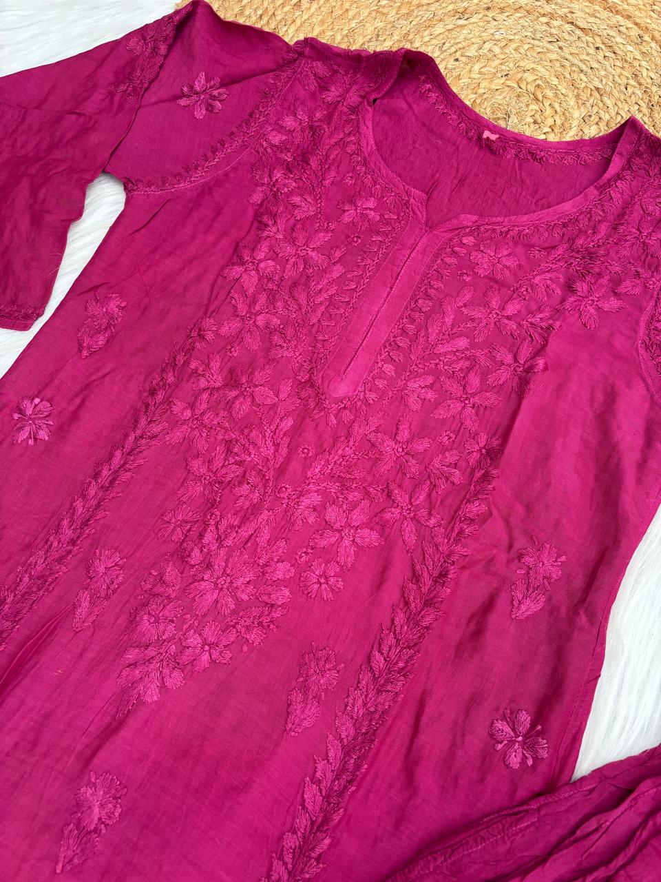 Nadia Muslin Lucknowi Chikankari Kurti Pant Set - Wine Color