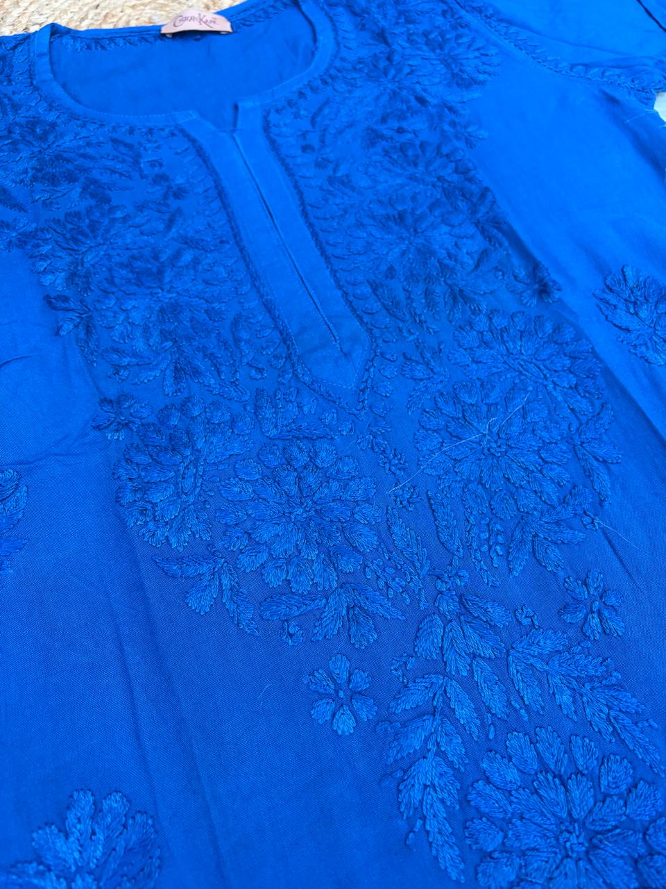 Rabab Dyeable Soft Rayon Handwork Chikankari Kurti - Blue Colour