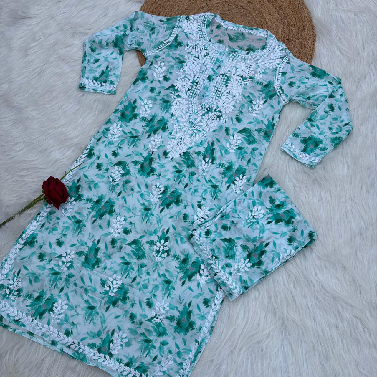 Aaliyah Mulmul Cotton Chikankari Kurti Set -Sea Green Colour