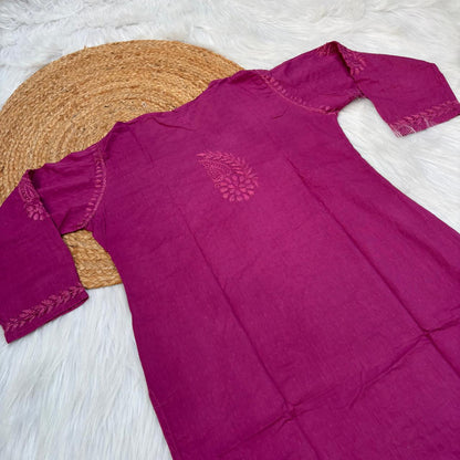Vani Dobby Cotton Chikankari Kurti - Light Wine Colour