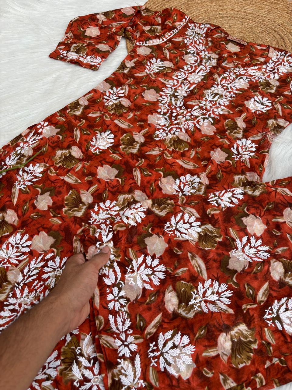 Elena Mulmul Cotton Handwork Chikankari Kurti Set - Terracotta Colour