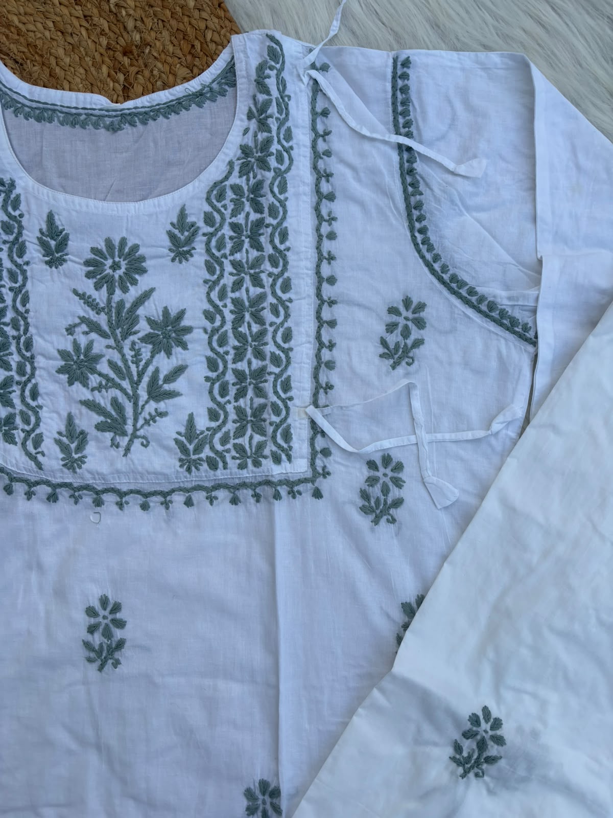 Heer Plus Size Cotton Handwork Chikankari Kurti Set - White Grey