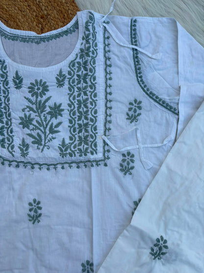 Heer Plus Size Cotton Handwork Chikankari Kurti Set - White Grey