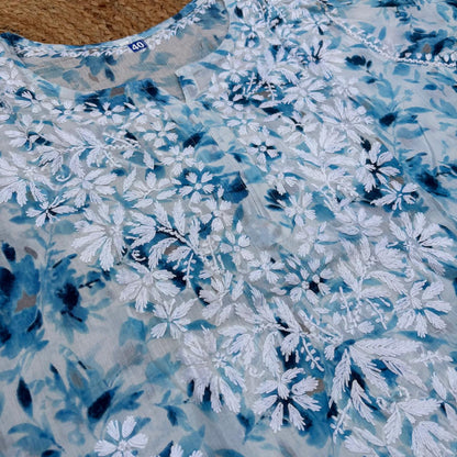 Amara Pure Mulmul Chikankari  Handwork Kurti -Blue Colour