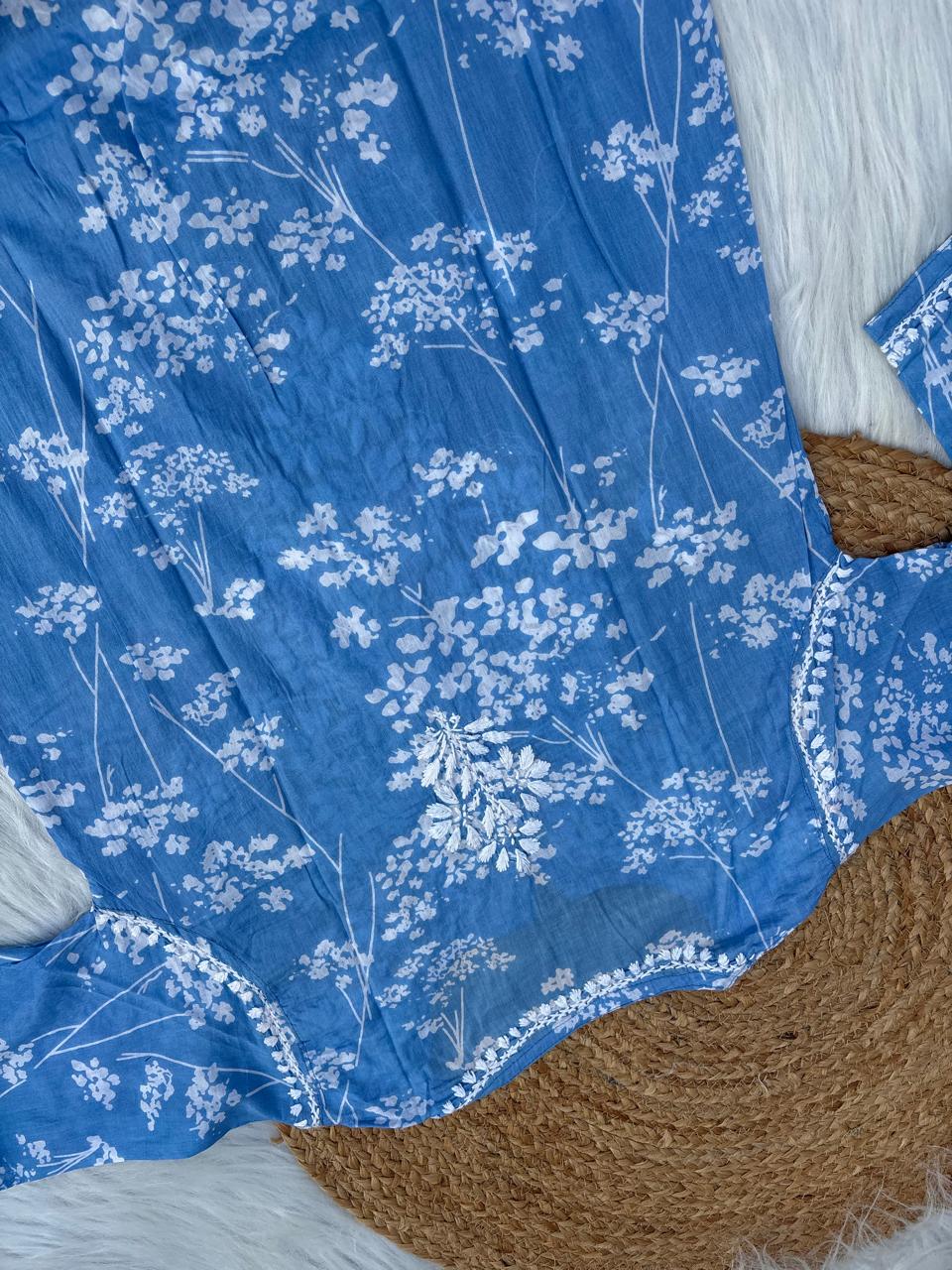 Sidra Pure Mulmul Chikankari Handwork Kurti - Blue Colour