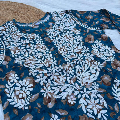 Sana Pure Mulmul Chikankari Handwork Kurti -Sea Green Colour