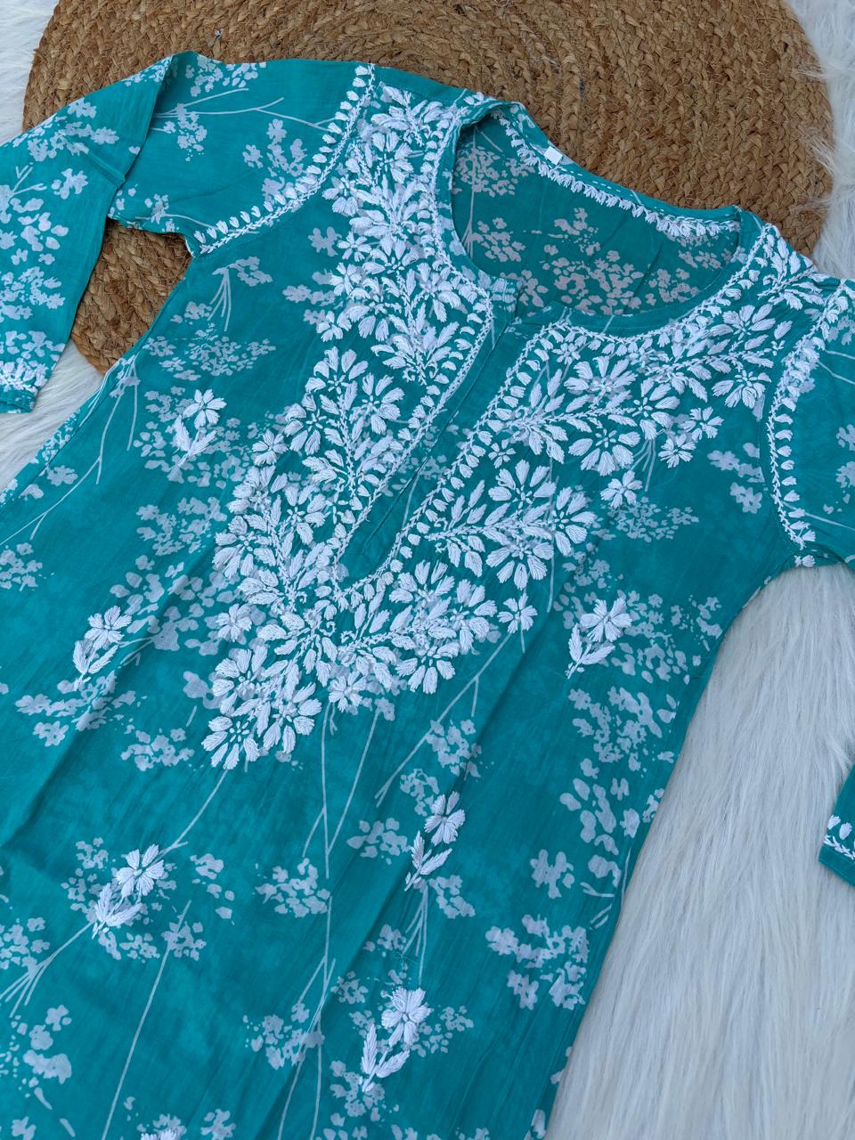 Sidra Pure Mulmul Chikankari Handwork Kurti - Sea Green Colour