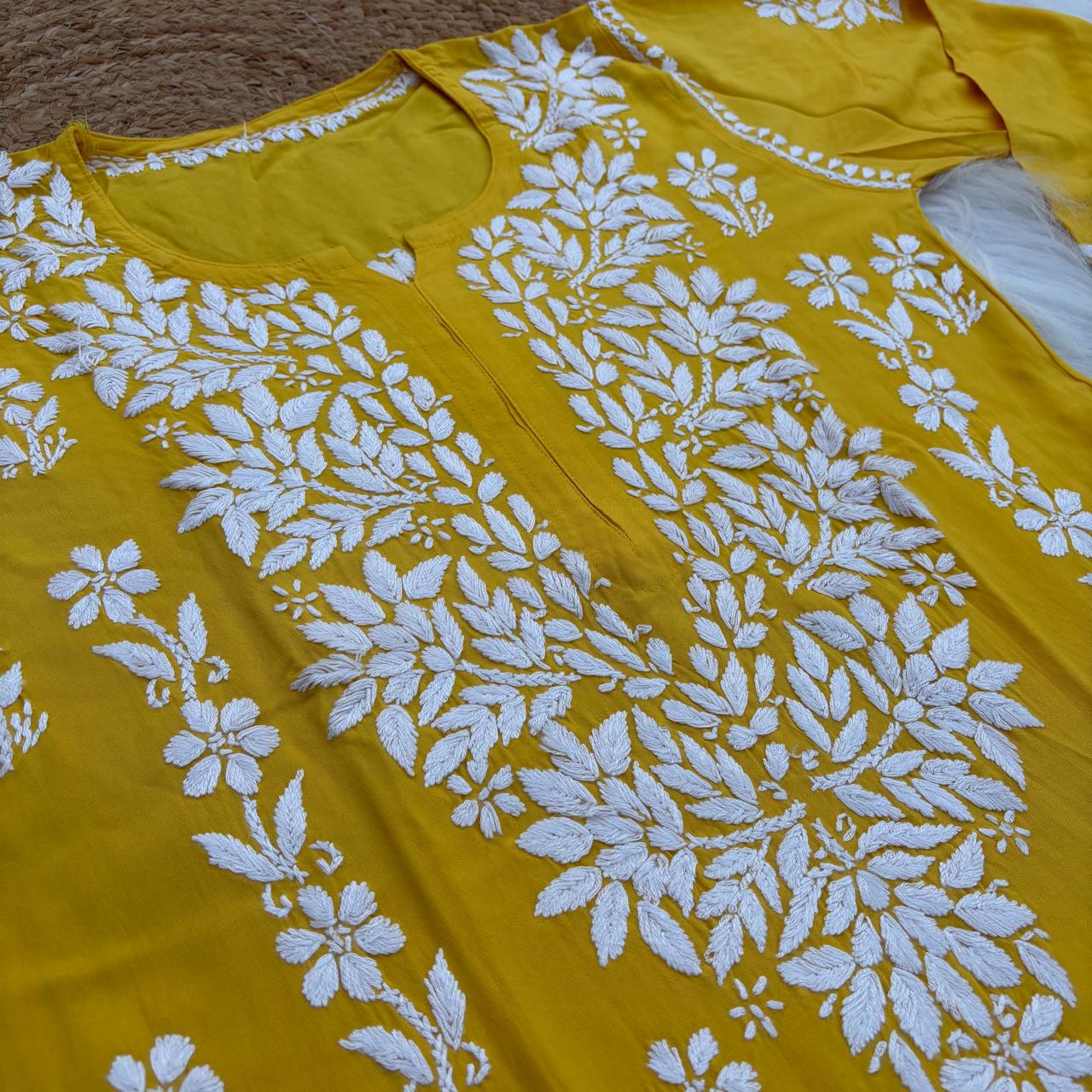 Samara Rayon Handwork Chikankari Kurti Plazo Set - Yellow Colour