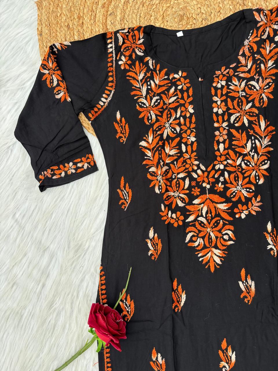 Shefrin Soft Rayon Lucknowi Handwork Chikankari Kurti - Rush Colour