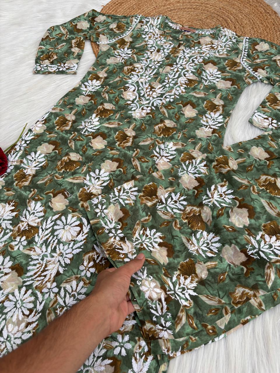 Elena Mulmul Cotton Handwork Chikankari Kurti Set - Dark Green Colour