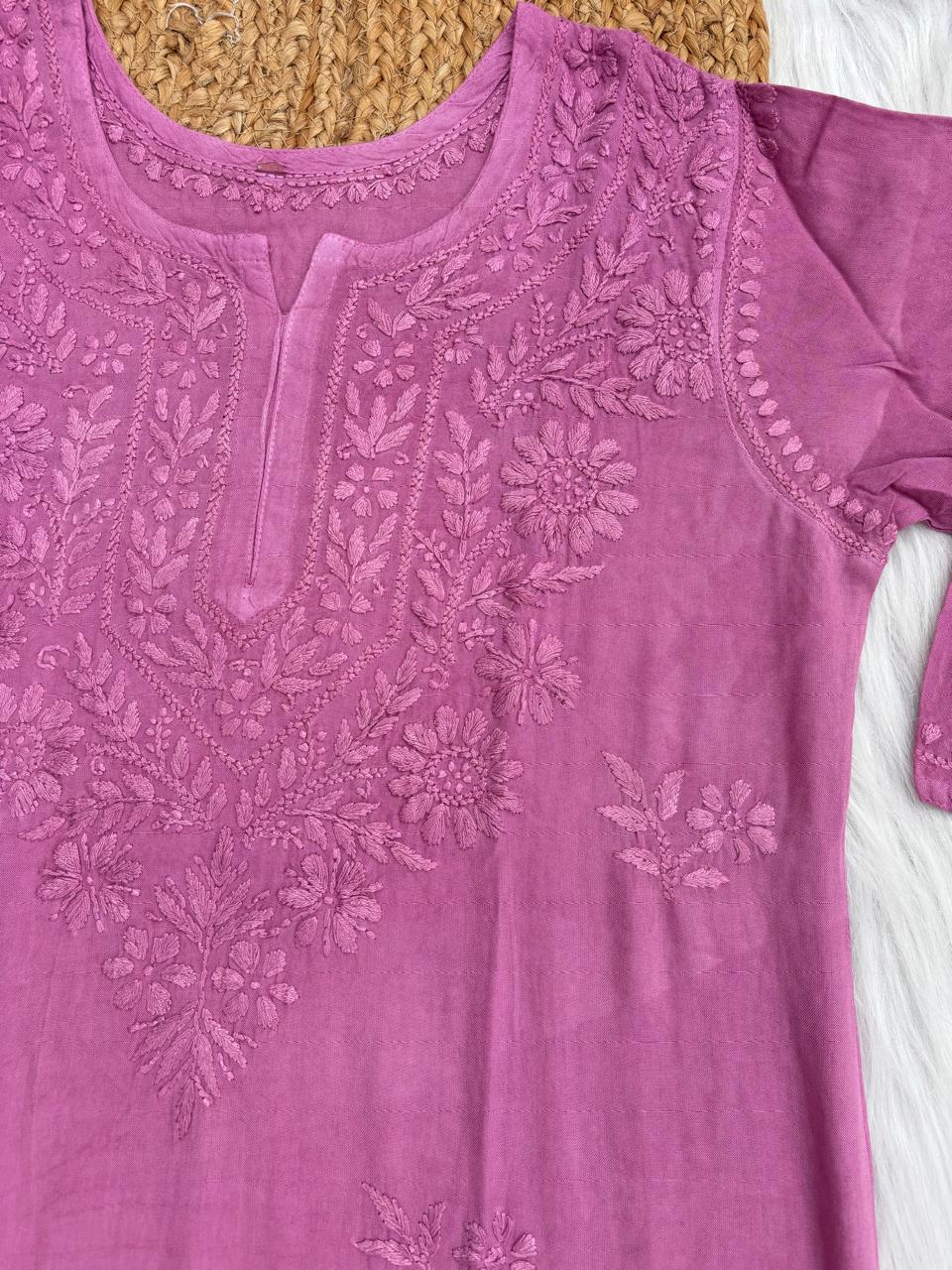 Kiara Dyeable Soft Rayon Handwork Chikankari Kurti - Mauve Colour