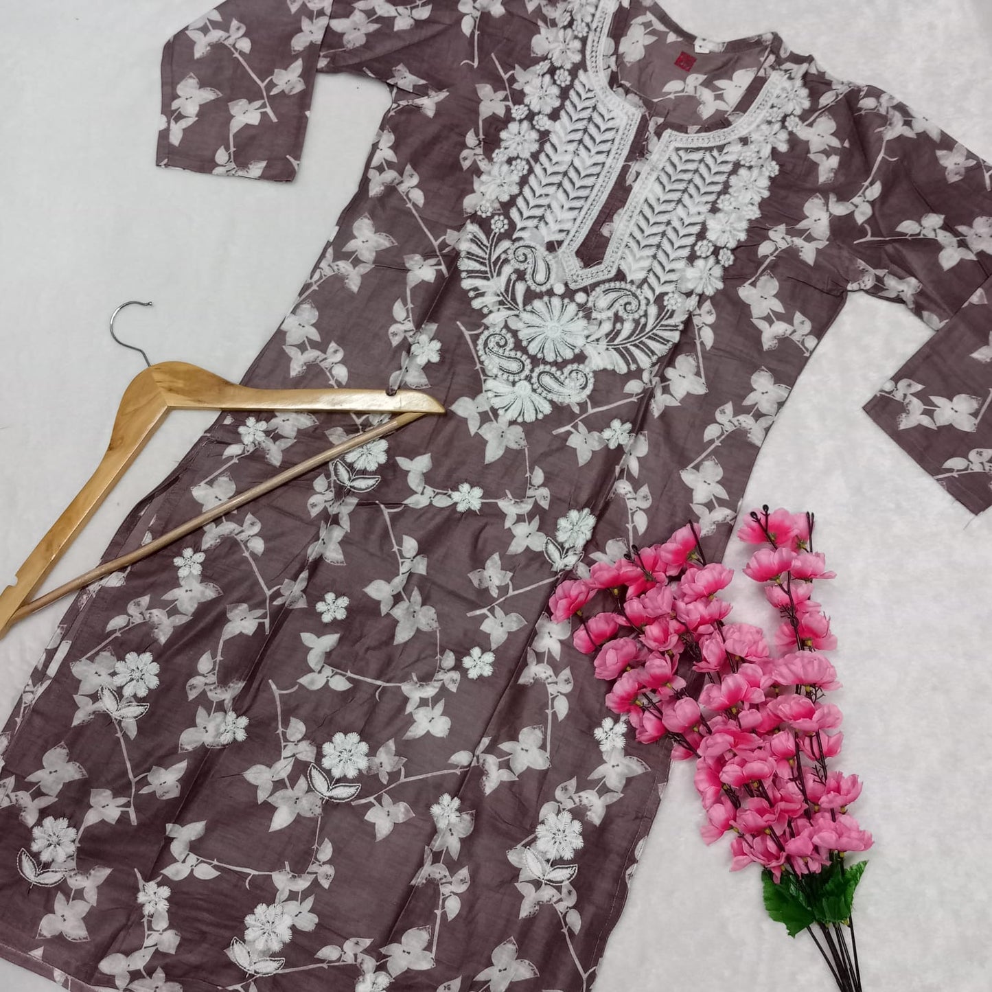 Mulmul Cotton Chikankari Machine Work Kurti -Brown Colour