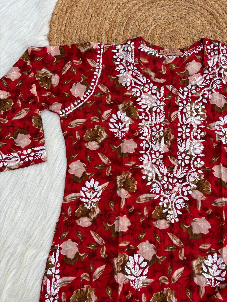 Elena Mulmul Cotton Handwork Chikankari Kurti Set - Cherry Colour