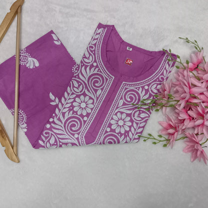 Cotton Machine Work Chikankari Kurti -  Fuchsia Colour