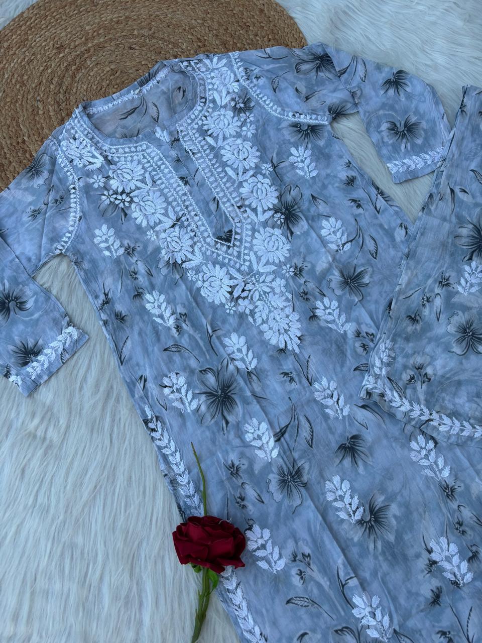 Shazia Mulmul Cotton Chikankari Kurti Set - Grey Colour