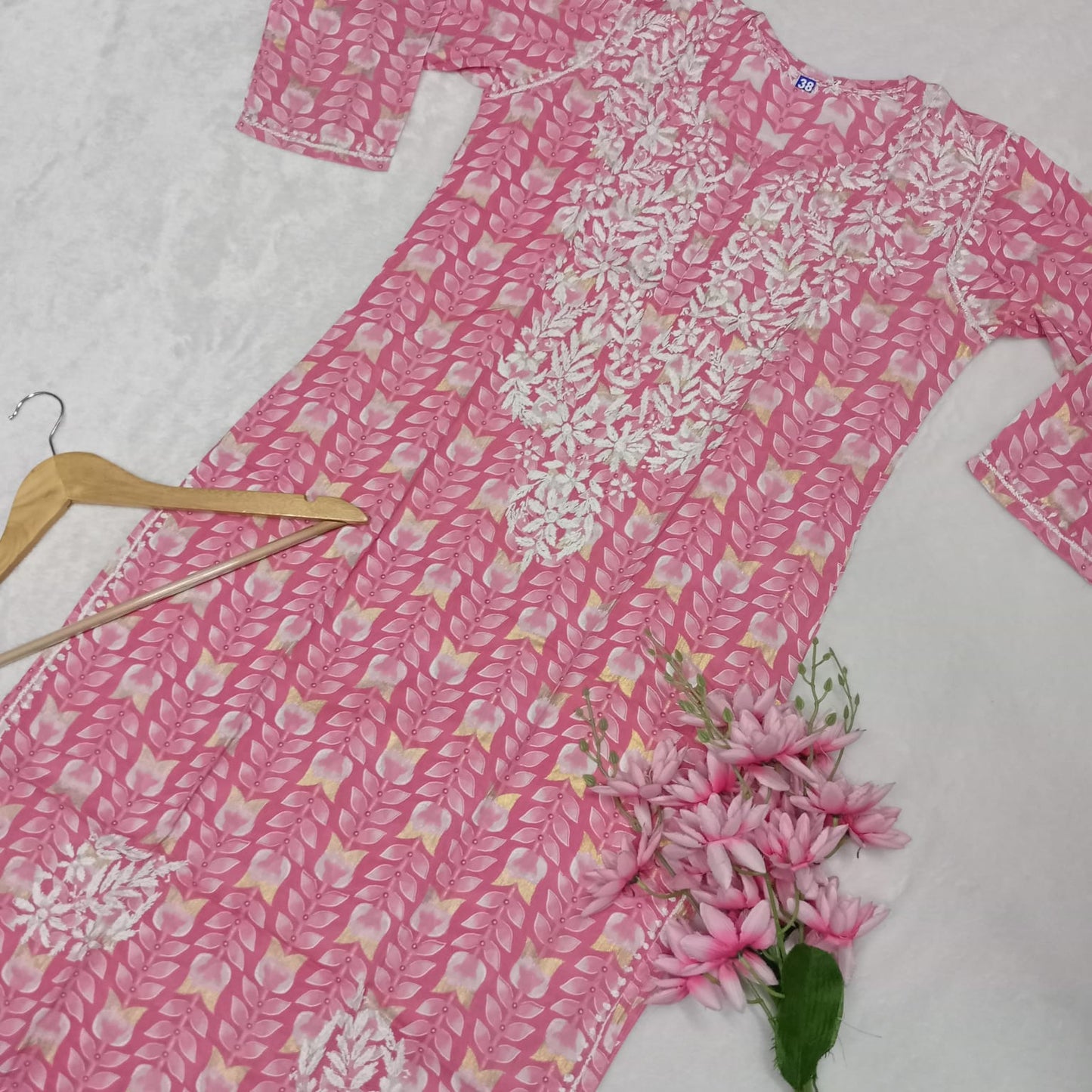 Pure Mulmul Chikankari  Handwork Kurti - Pink Colour