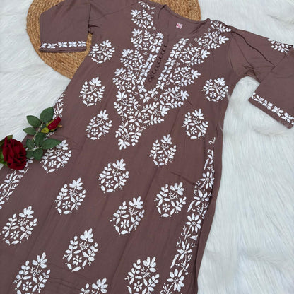 Ameena Soft Rayon Chikankari Kurti - Brown Colour