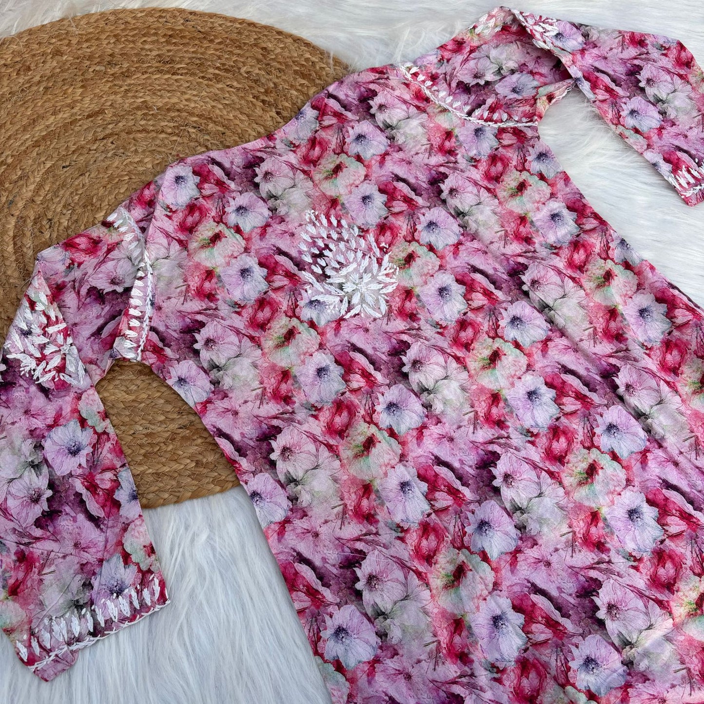 Fiza Pure Cotton Floral Lucknowi Chikankari Kurti - Pink Colour