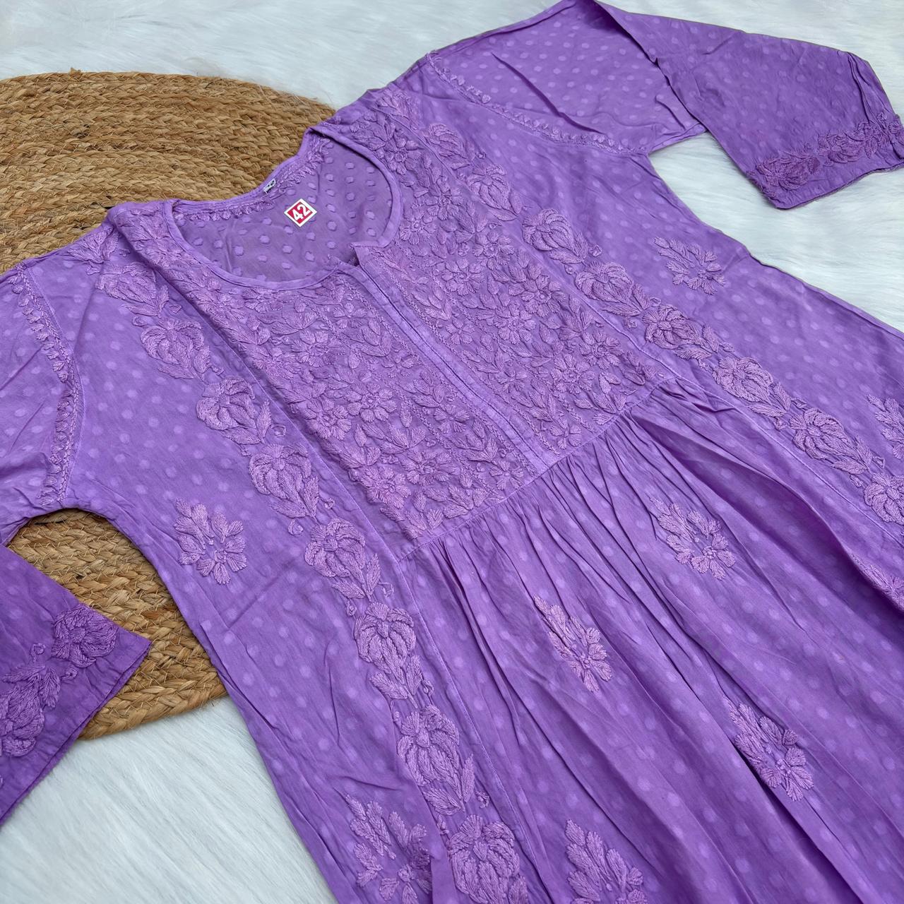 Aliya Dobby Cotton Nyra Cut Chikankari Aline Kurti - Purple Colour