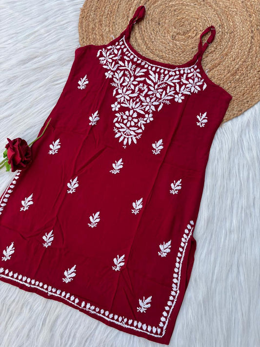 Ayla Rayon Handwork Chikankari Noodle Strap Short Kurti - Maroon Colour