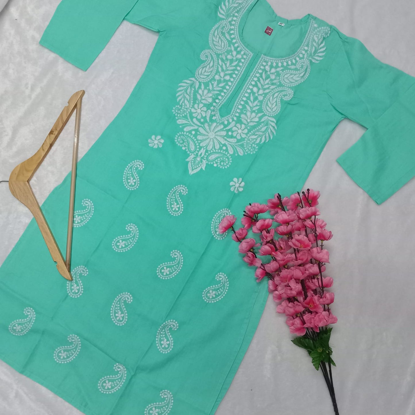 Cotton Machine Work Chikankari Kurti -Light Sea Green Colour