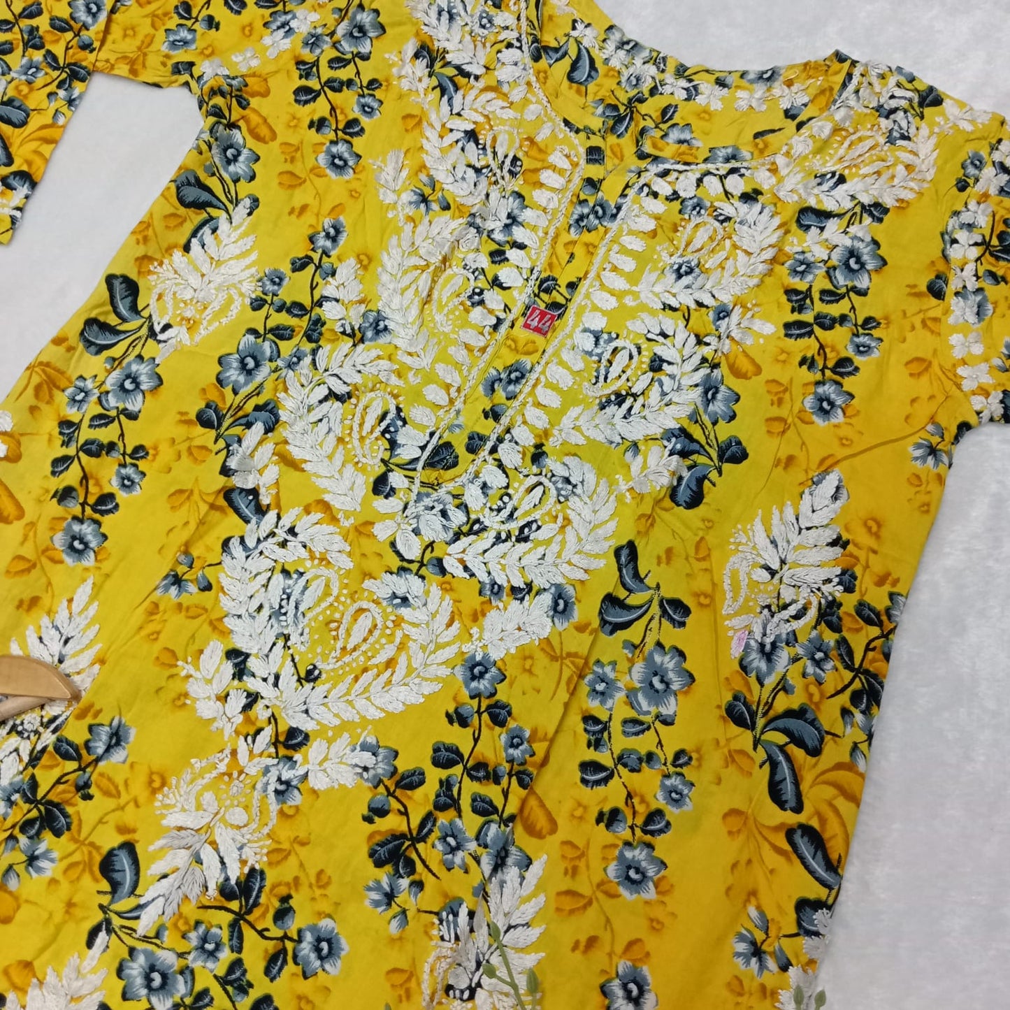 SOFT MODAL FLORAL PRINTED CHIKANKARI HANDWORK KURTI - YELLOW COLOUR