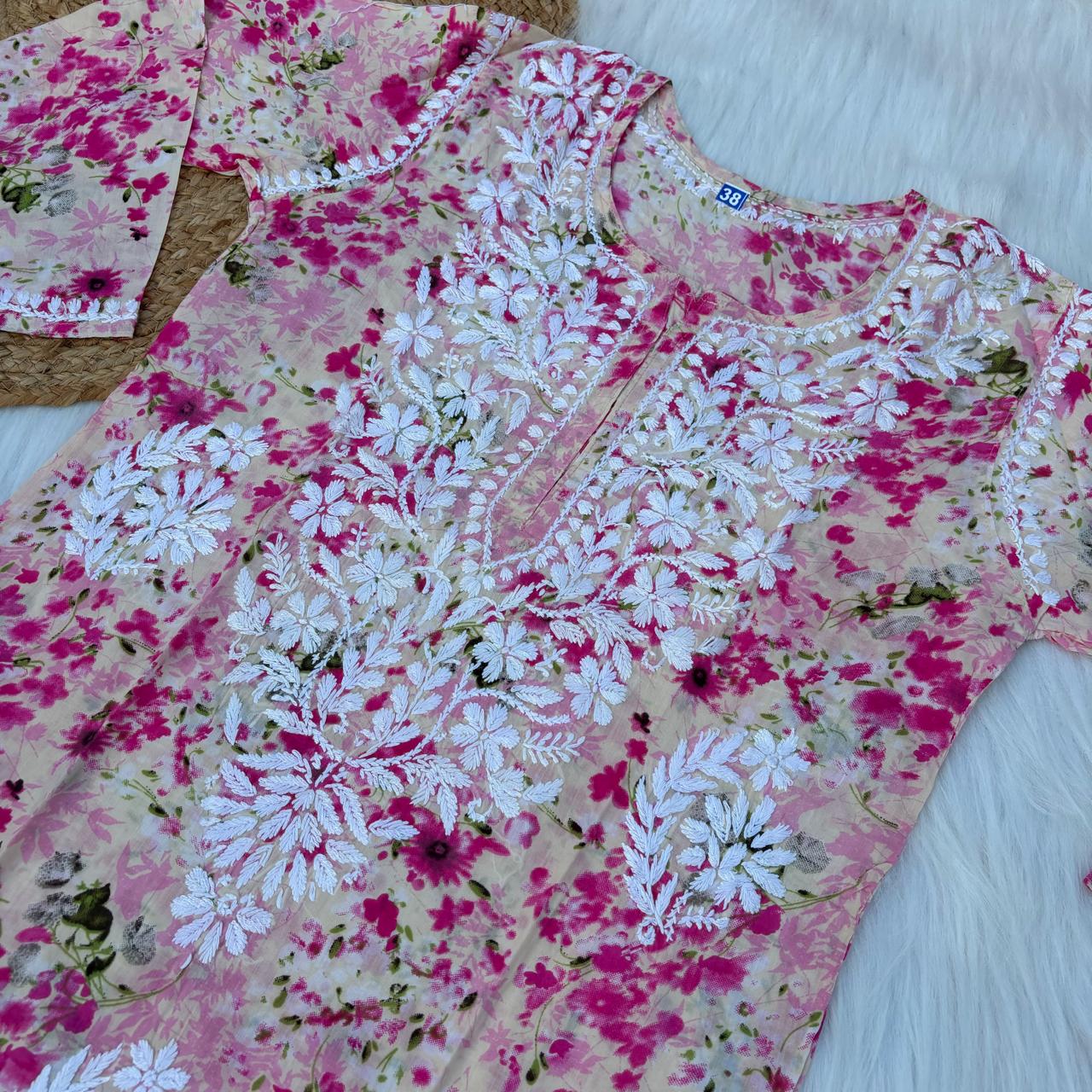 Fatima Pure Mulmul Chikankari  Handwork Kurti - Pink Colour