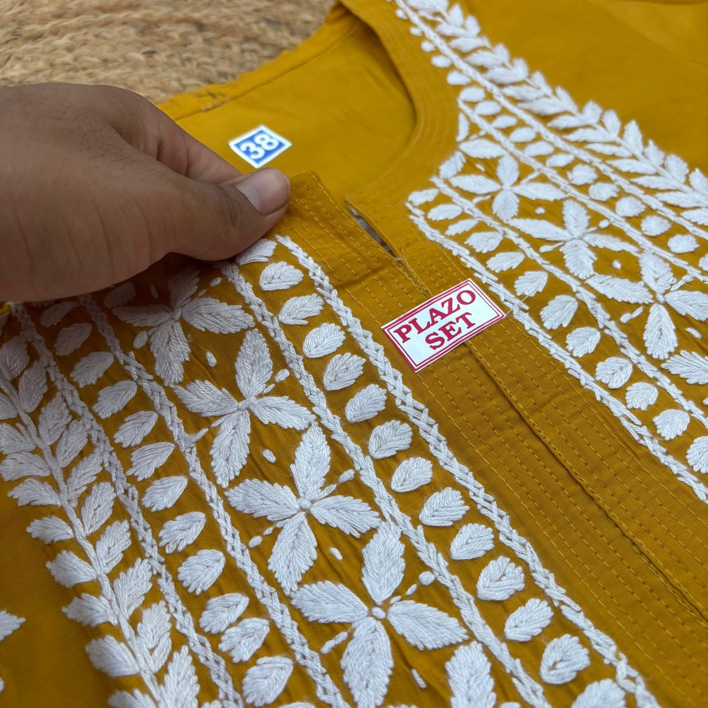 Afana Silk Chikankari Kurti Plazo set Yellow Colour
