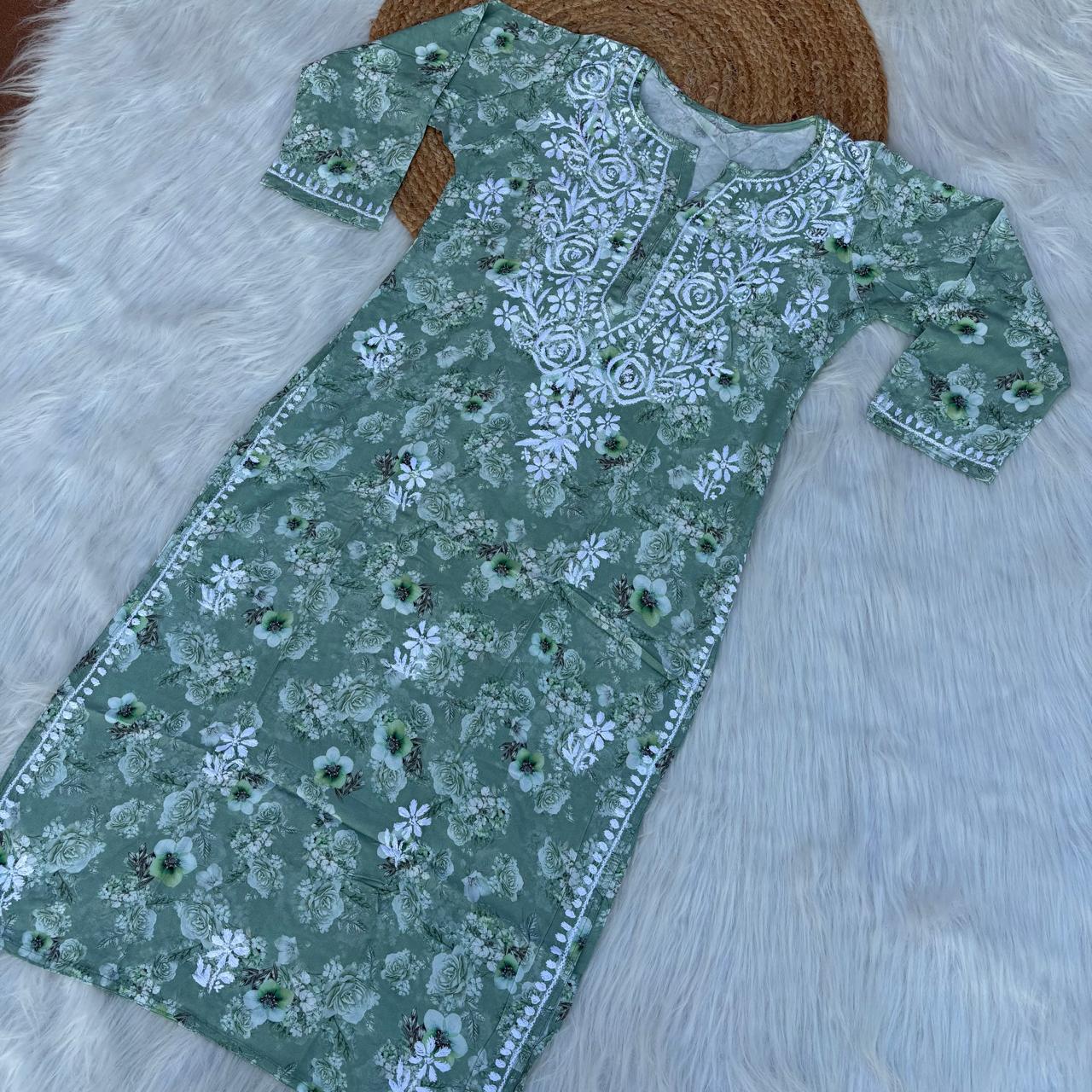 Hina Rayon Rose work Lucknowi Chikankari kurti - Green Colour