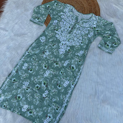 Hina Rayon Rose work Lucknowi Chikankari kurti - Green Colour